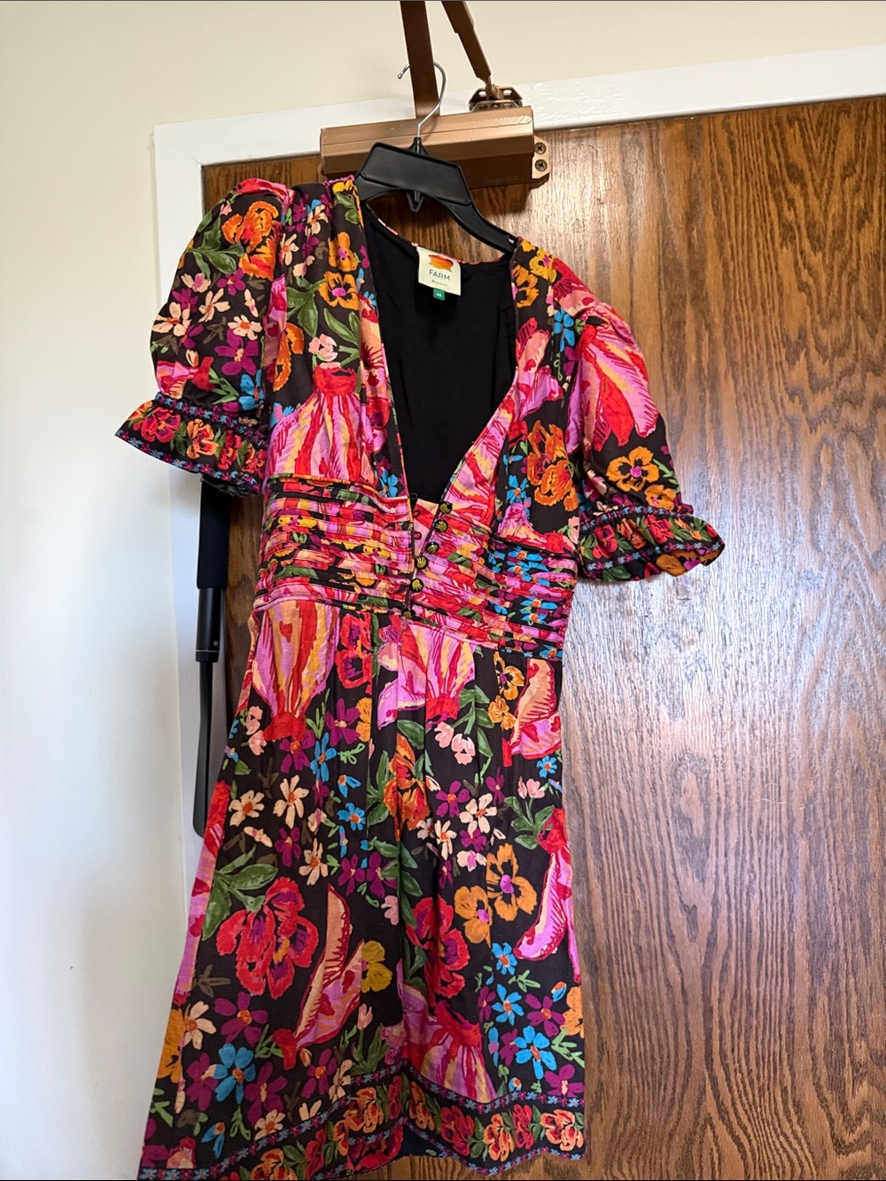 FARM Rio Black Floral V-Neck Mini Dress with Pink, Orange & Green Motif